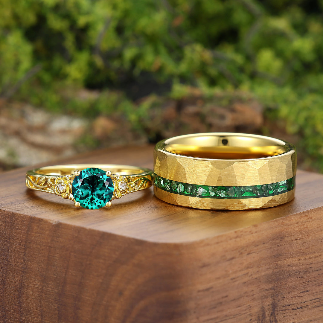 Openwork Foral Design Emerald Couple Rings Milgrained Engraved Floral His And Hers Rings