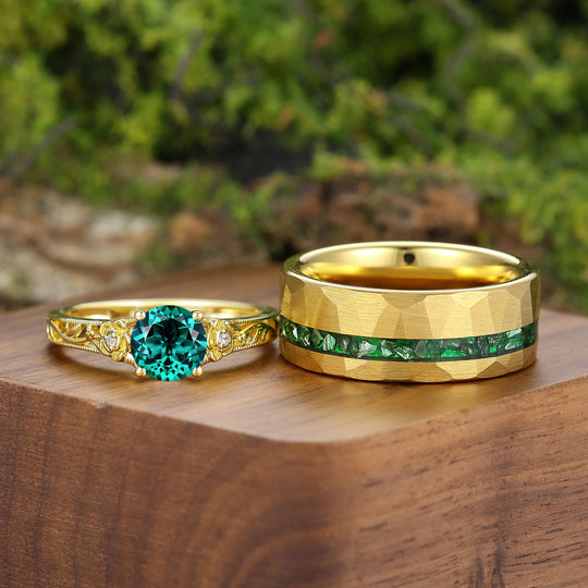 Openwork Foral Design Emerald Couple Rings Milgrained Engraved Floral His And Hers Rings