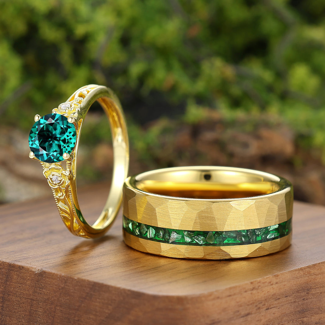 Openwork Foral Design Emerald Couple Rings Milgrained Engraved Floral His And Hers Rings