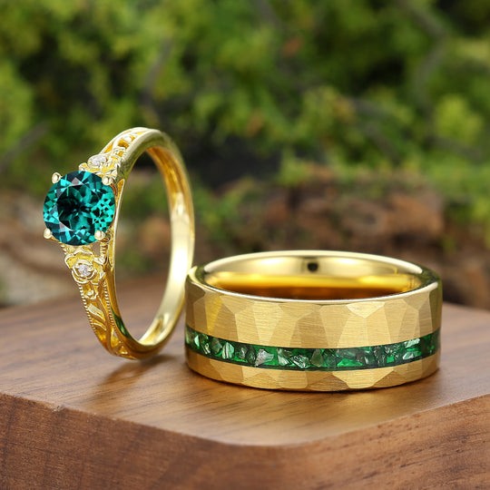 Openwork Foral Design Emerald Couple Rings Milgrained Engraved Floral His And Hers Rings