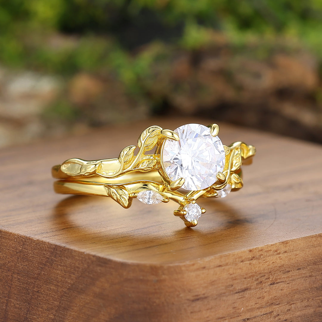 Blatt-Design Rundes Moissanit-Paar-Ring-Set Versprechensringe Für Ihn Und Sie