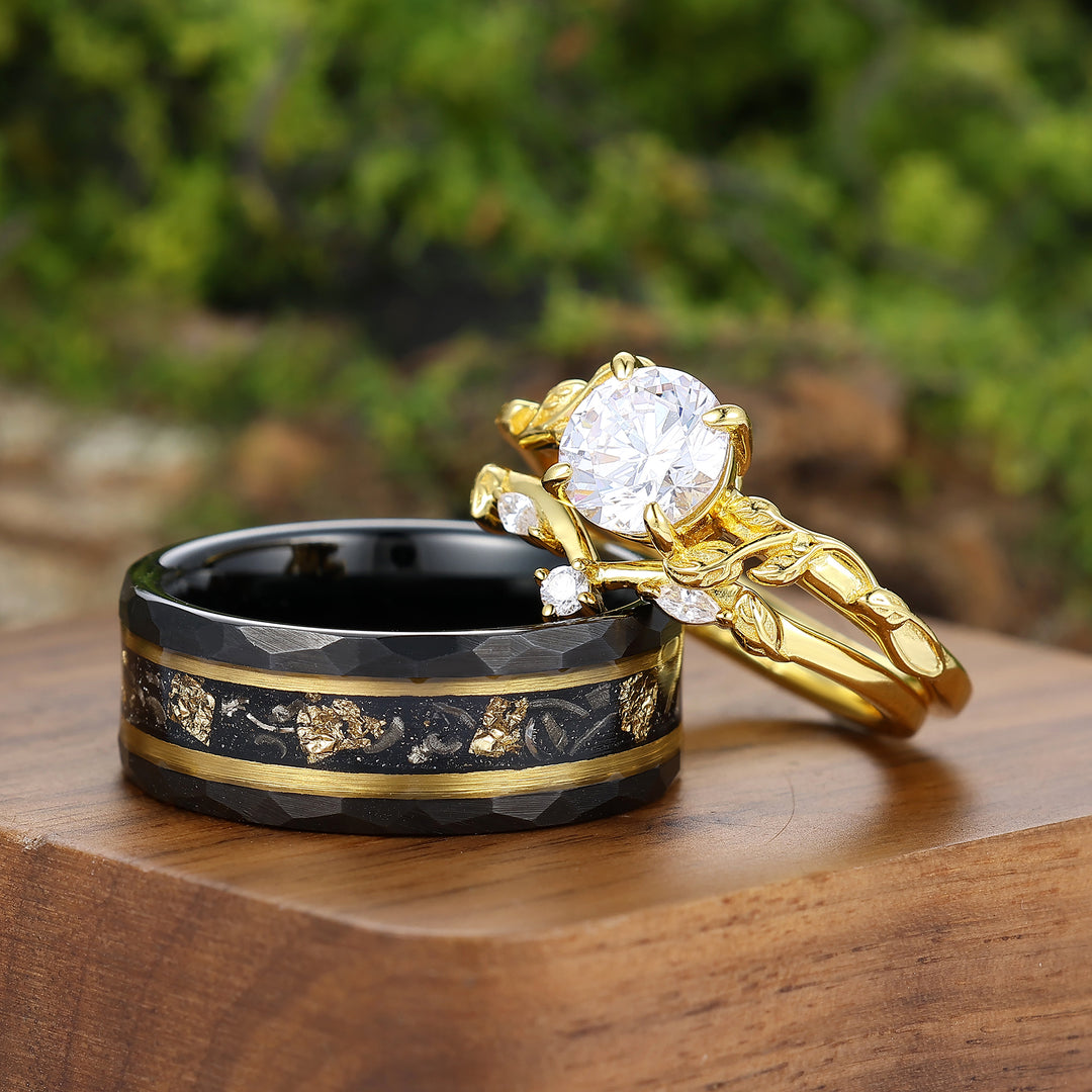 Blatt-Design Rundes Moissanit-Paar-Ring-Set Versprechensringe Für Ihn Und Sie