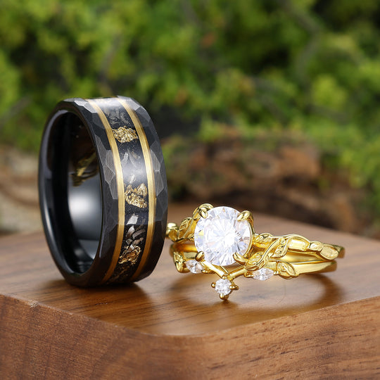 Blatt-Design Rundes Moissanit-Paar-Ring-Set Versprechensringe Für Ihn Und Sie