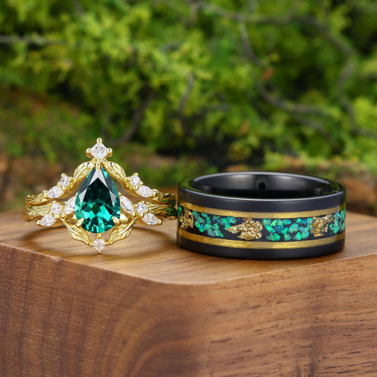 Unieke peervormig geslepen smaragd met takontwerp - set ringen voor koppels, groene smaragden, ringen voor hem en haar