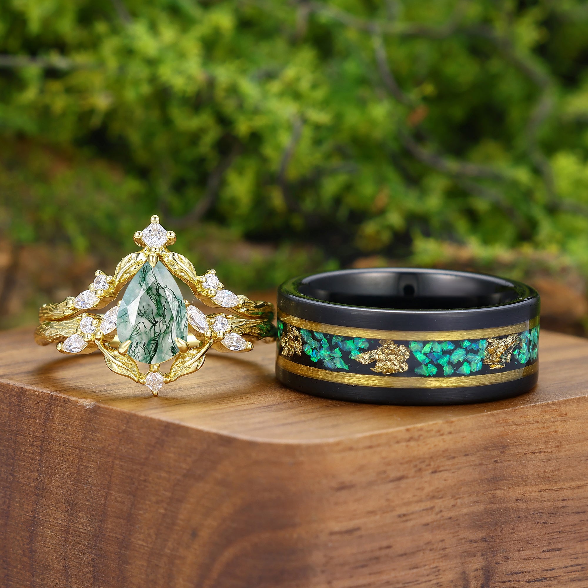 Unique Moss Agate Branch Design Couple Ring Set Green Emerald His