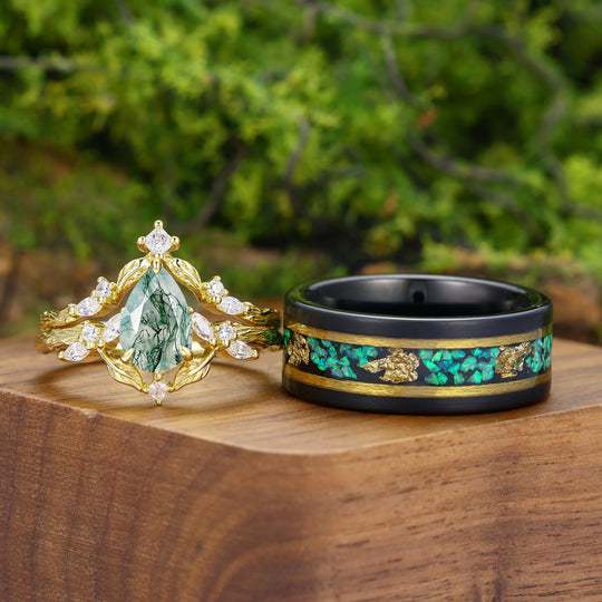 Unique Moss Agate Branch Design Set di Anelli per Coppia Anelli Verde Smeraldo Lui e Lei