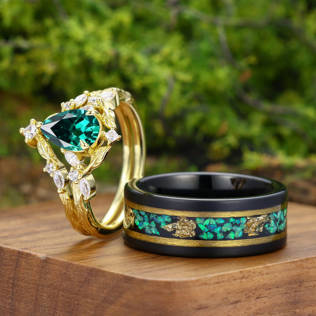 Unieke peervormig geslepen smaragd met takontwerp - set ringen voor koppels, groene smaragden, ringen voor hem en haar