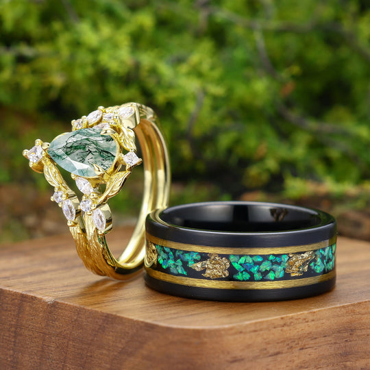 Unique Moss Agate Branch Design Set di Anelli per Coppia Anelli Verde Smeraldo Lui e Lei