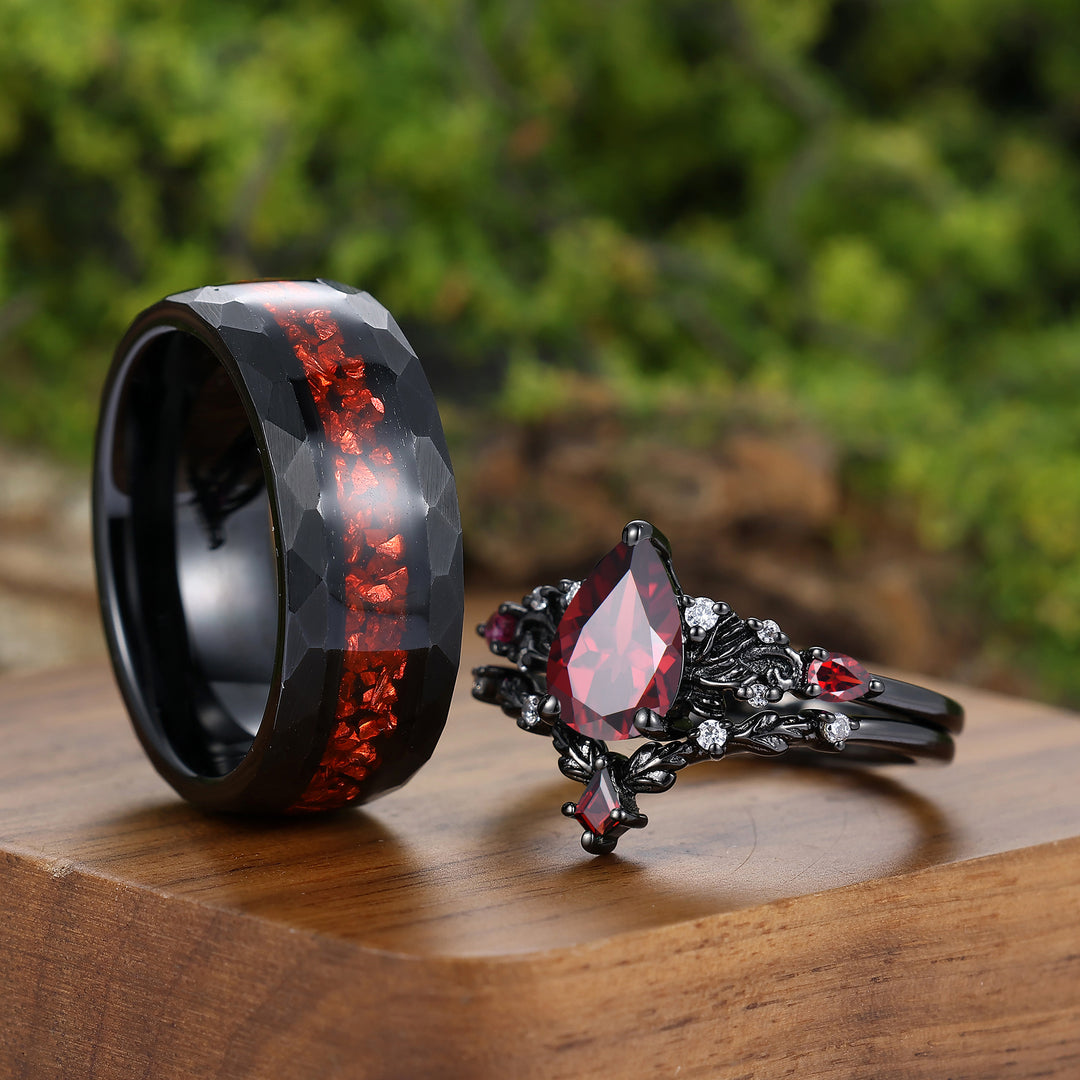 Vintage Red Garnet Leaf Flourish Couple Ring Set Black 3 Piece His and Hers Wedding Ring Sets