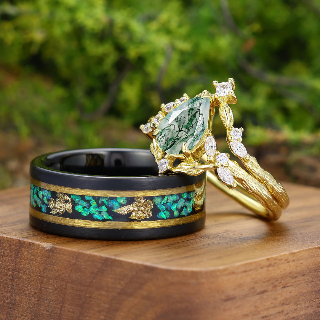 Unique Moss Agate Branch Design Set di Anelli per Coppia Anelli Verde Smeraldo Lui e Lei