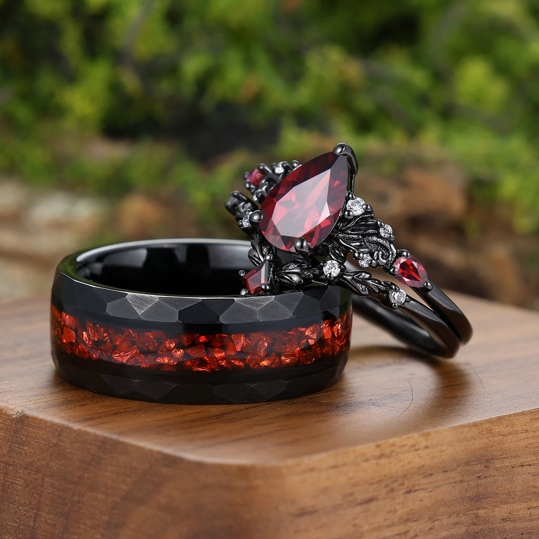 Vintage Red Garnet Leaf Flourish Couple Ring Set Black 3 Piece His and Hers Wedding Ring Sets