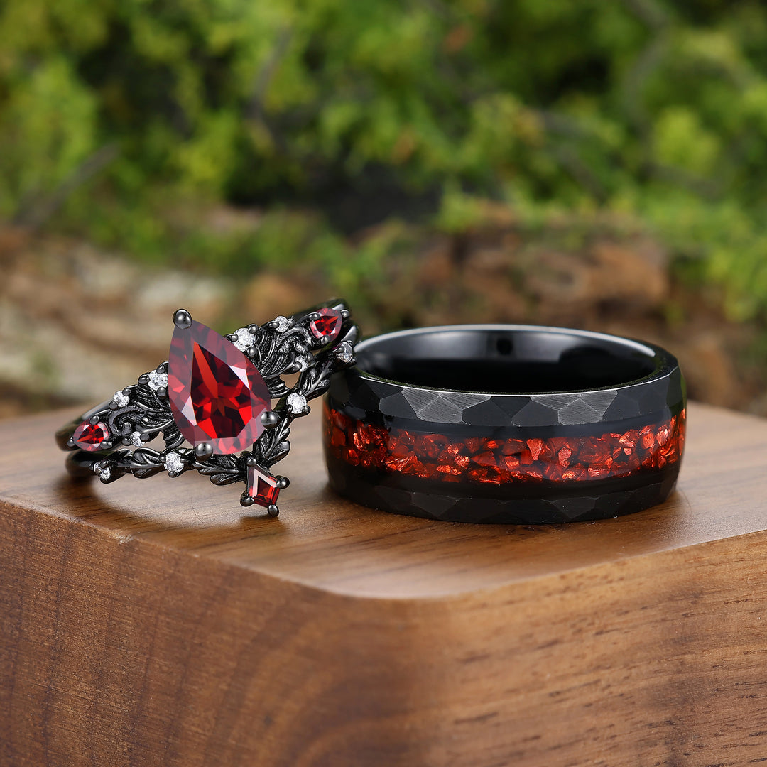 Vintage Red Garnet Leaf Flourish Couple Ring Set Black 3 Piece His and Hers Wedding Ring Sets