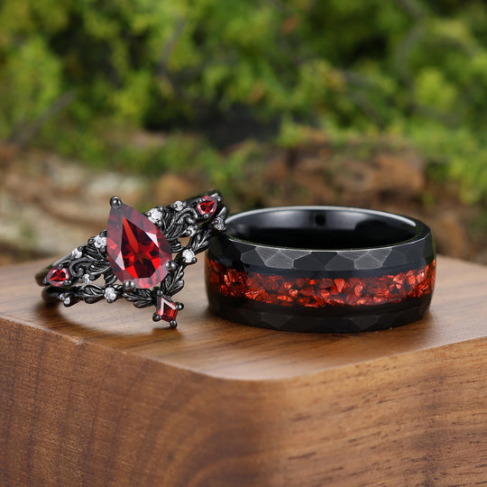 Vintage Red Garnet Leaf Flourish Couple Ring Set Black 3 Piece His and Hers Wedding Ring Sets