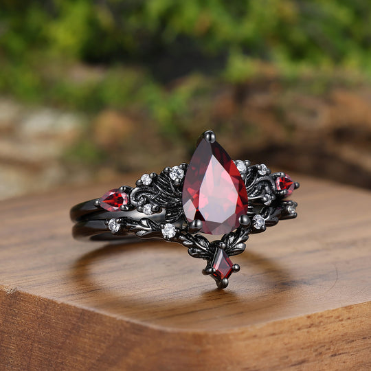 Vintage Red Garnet Leaf Flourish Couple Ring Set Black 3 Piece His and Hers Wedding Ring Sets