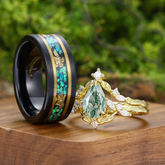 Unique Moss Agate Branch Design Set di Anelli per Coppia Anelli Verde Smeraldo Lui e Lei
