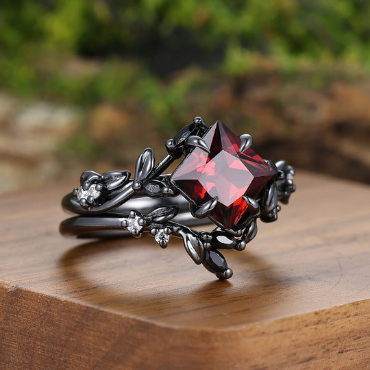 Natural Inspired Princess Cut Red Garnet Couple Ring Set Leaf Black Plated His And Hers Ring