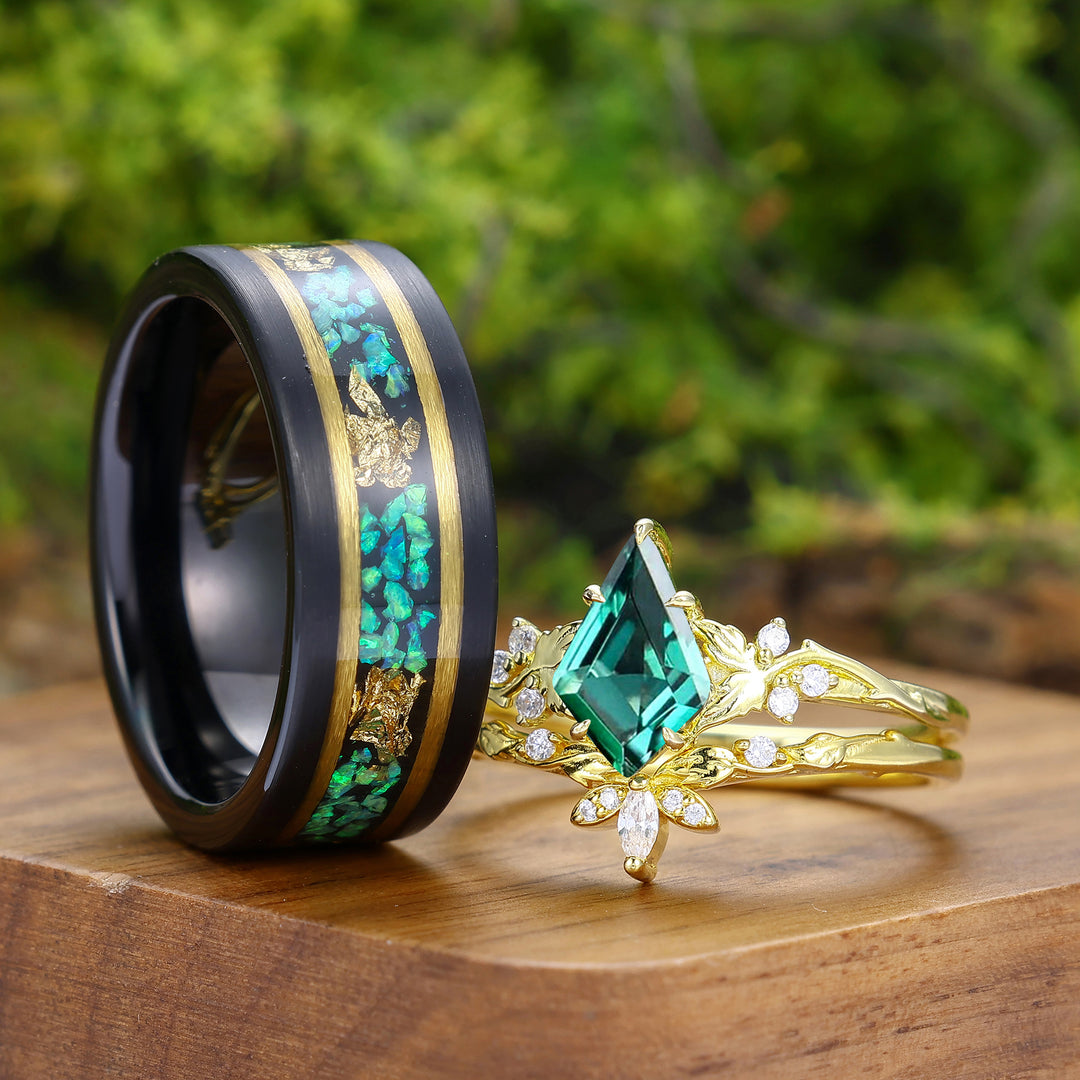 Kite Cut Emerald Matching Couple Rings Nature Inspired Leaf Green His And Hers Rings