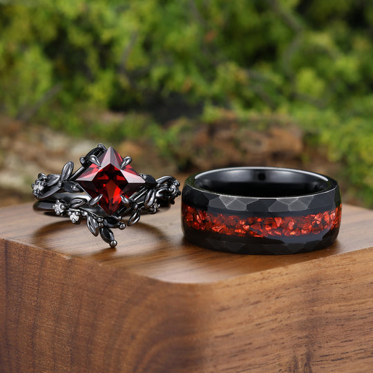 Natural Inspired Princess Cut Red Garnet Couple Ring Set Leaf Black Plated His And Hers Ring