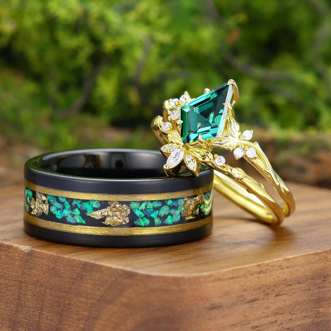 Kite Cut Emerald Matching Couple Rings Nature Inspired Leaf Green His And Hers Rings