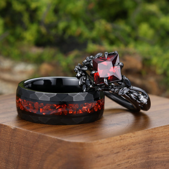 Natural Inspired Princess Cut Red Garnet Couple Ring Set Leaf Black Plated His And Hers Ring