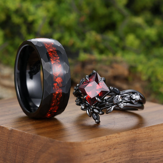 Natural Inspired Princess Cut Red Garnet Couple Ring Set Leaf Black Plated His And Hers Ring