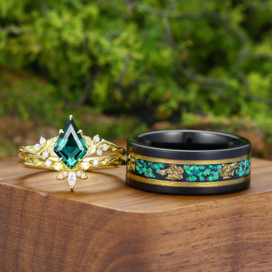 Kite Cut Emerald Matching Couple Rings Nature Inspired Leaf Green His And Hers Rings