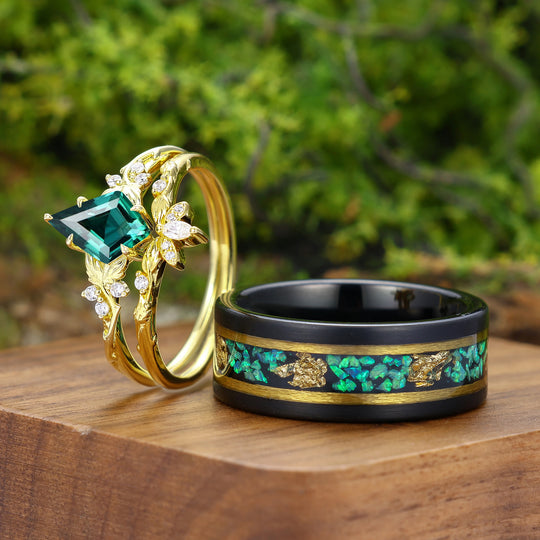 Kite Cut Emerald Matching Couple Rings Nature Inspired Leaf Green His And Hers Rings