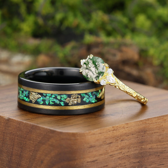 Delicate Filigreed 1CT Round Natural Moss Agate Couple Rings His And Hers Rings