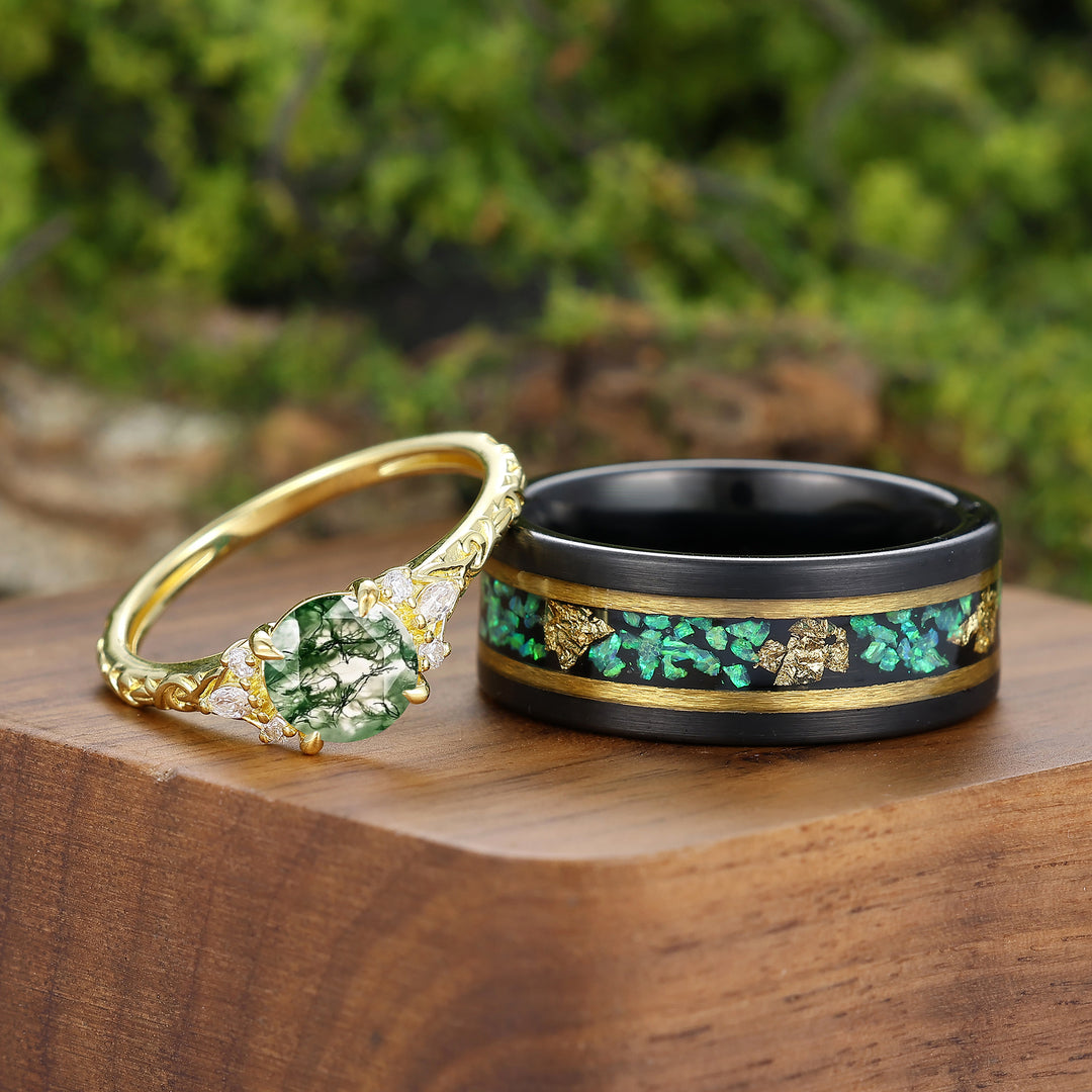 Delicate Filigreed 1CT Round Natural Moss Agate Couple Rings His And Hers Rings