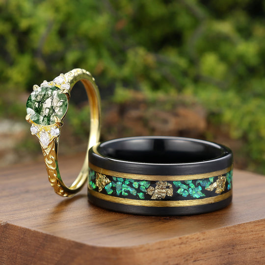 Delicate Filigreed 1CT Round Natural Moss Agate Couple Rings His And Hers Rings