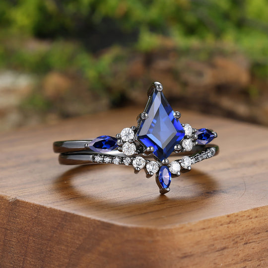 Dainty Kite Cut Sapphire Couple Ring 925 Sterling Silver And Tungsten Matching Ring