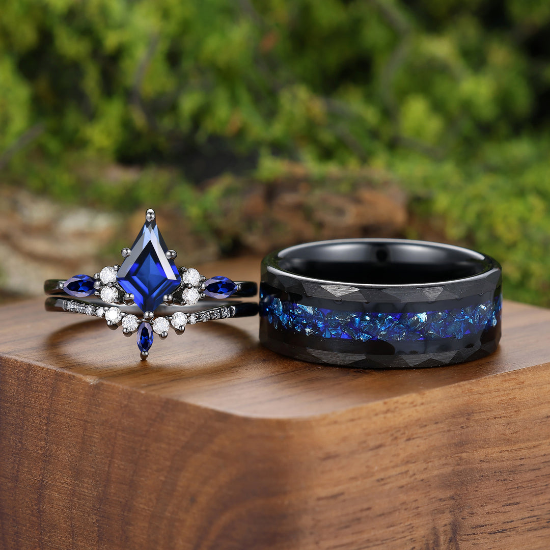 Dainty Kite Cut Sapphire Couple Ring 925 Sterling Silver And Tungsten Matching Ring