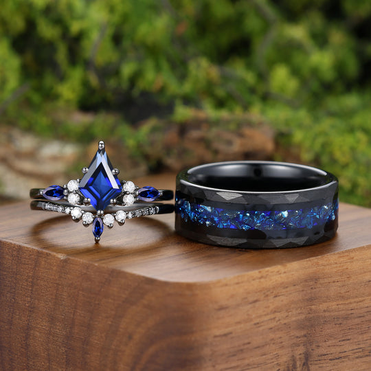 Dainty Kite Cut Sapphire Couple Ring 925 Sterling Silver And Tungsten Matching Ring