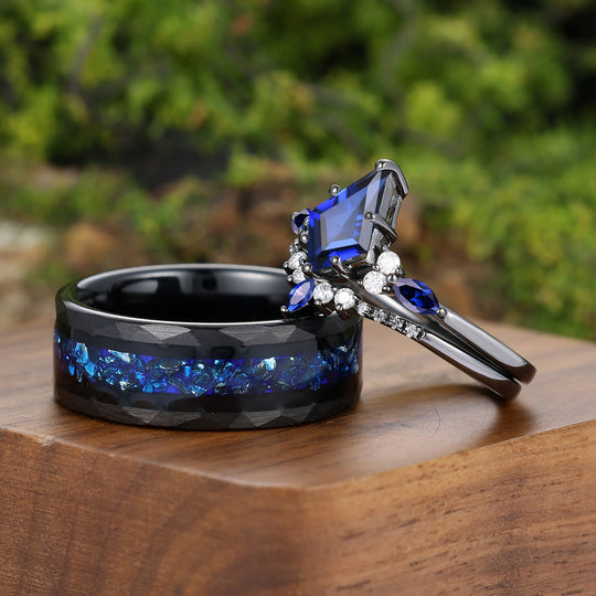 Dainty Kite Cut Sapphire Couple Ring 925 Sterling Silver And Tungsten Matching Ring