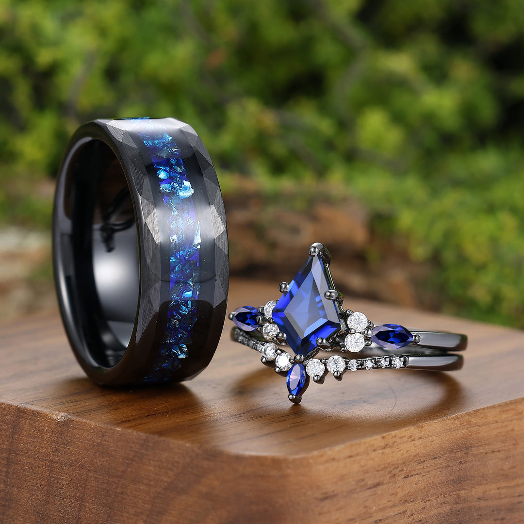Dainty Kite Cut Sapphire Couple Ring 925 Sterling Silver And Tungsten Matching Ring