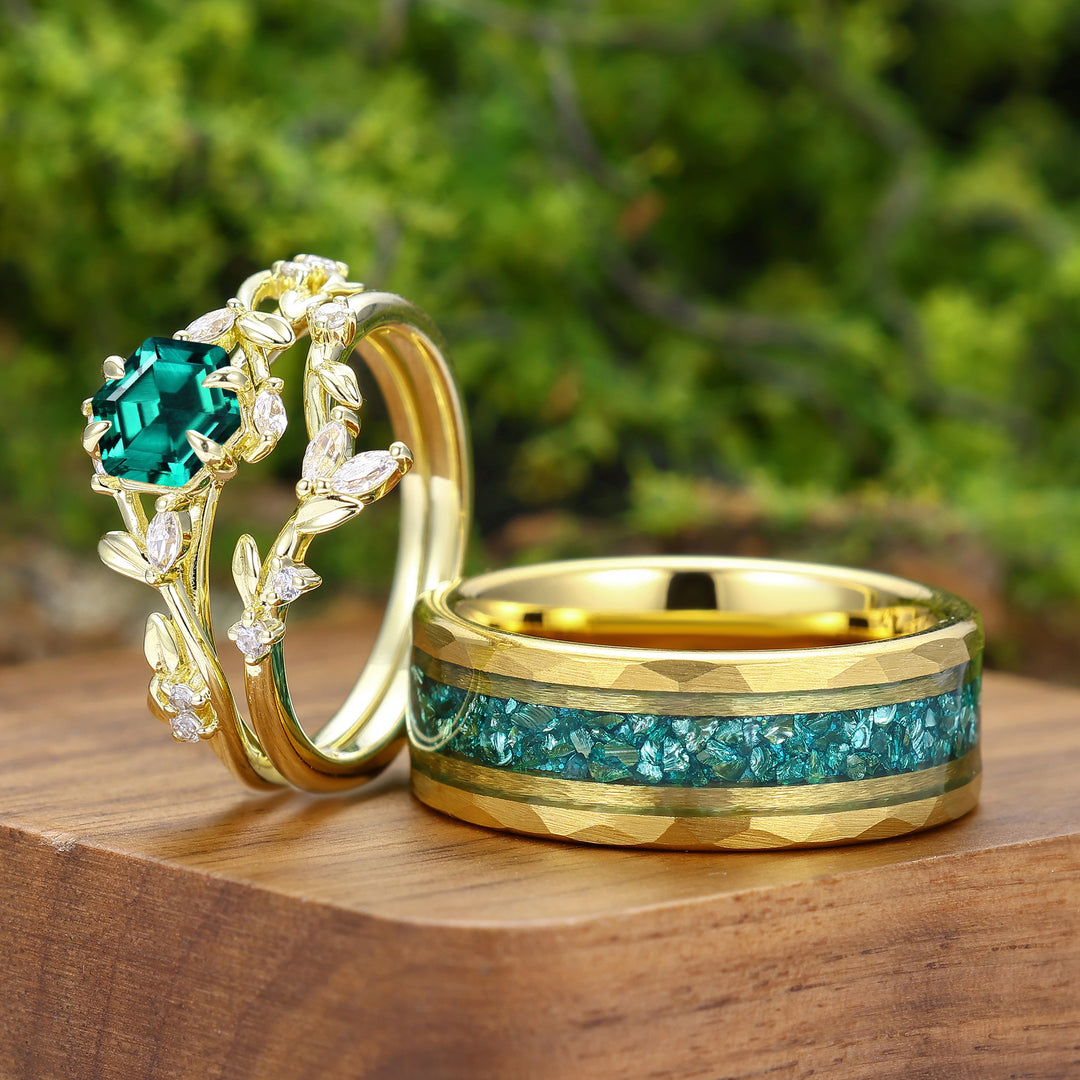 Exquisite Hexagon Cut Emerald Leaf Design Couple Ring Set His And Hers Matching Rings