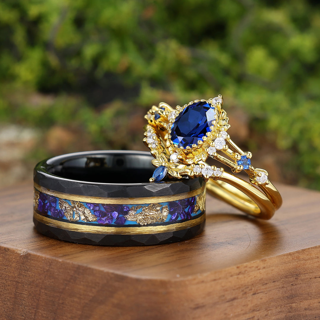 Vintage Milgrained Oval Cut Sapphire Couple Rings S925 And Tungsten Matching Rings Set