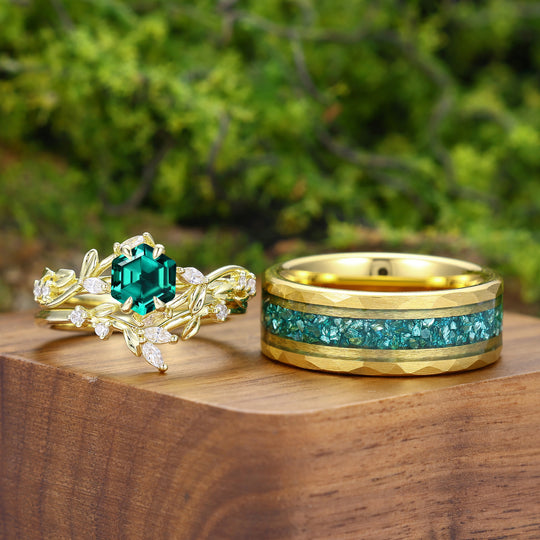 Exquisite Hexagon Cut Emerald Leaf Design Couple Ring Set His And Hers Matching Rings