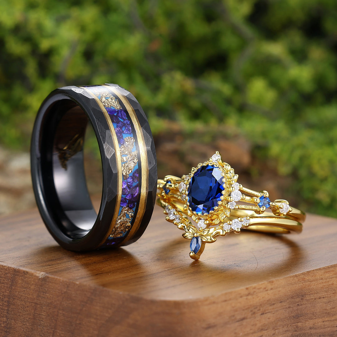 Vintage Milgrained Oval Cut Sapphire Couple Rings S925 And Tungsten Matching Rings Set