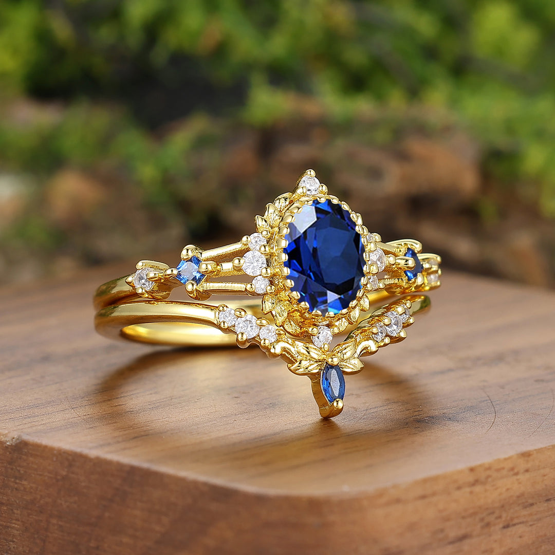 Vintage Milgrained Oval Cut Sapphire Couple Rings S925 And Tungsten Matching Rings Set