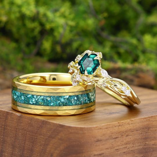 Exquisite Hexagon Cut Emerald Leaf Design Couple Ring Set His And Hers Matching Rings