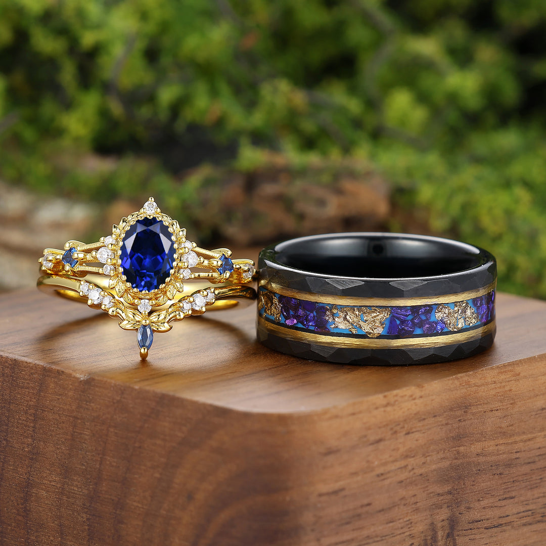 Vintage Milgrained Oval Cut Sapphire Couple Rings S925 And Tungsten Matching Rings Set