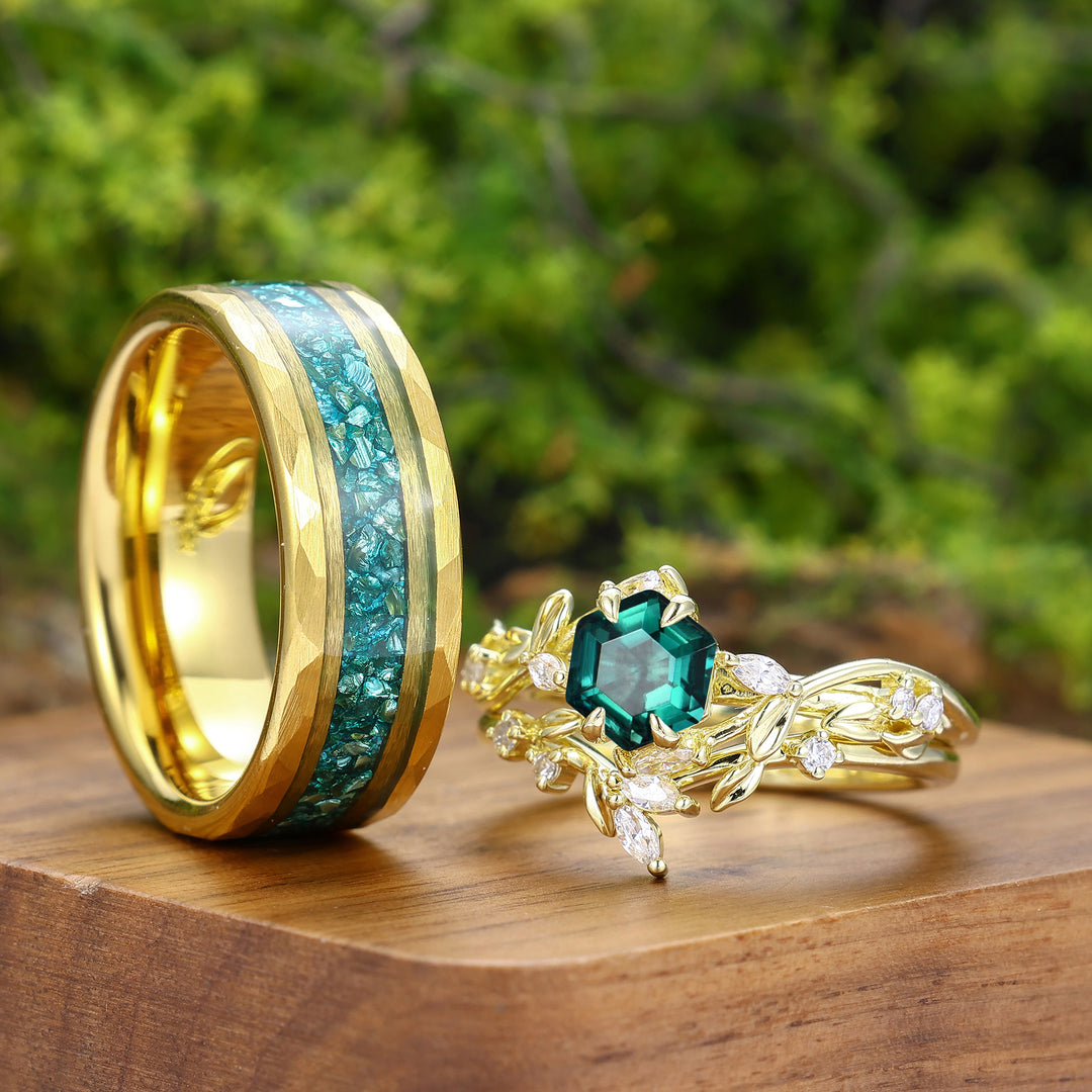 Exquisite Hexagon Cut Emerald Leaf Design Couple Ring Set His And Hers Matching Rings