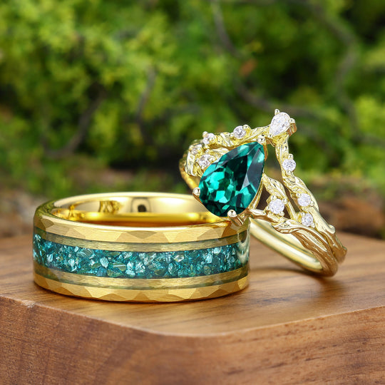 Nature Inspired Pear Cut Emerlad Couple Ring Set Yellow Gold Plated Marriage Ring Set