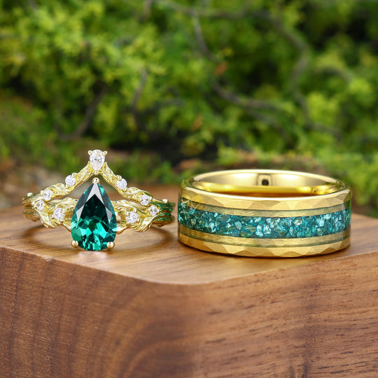Nature Inspired Pear Cut Emerlad Couple Ring Set Yellow Gold Plated Marriage Ring Set
