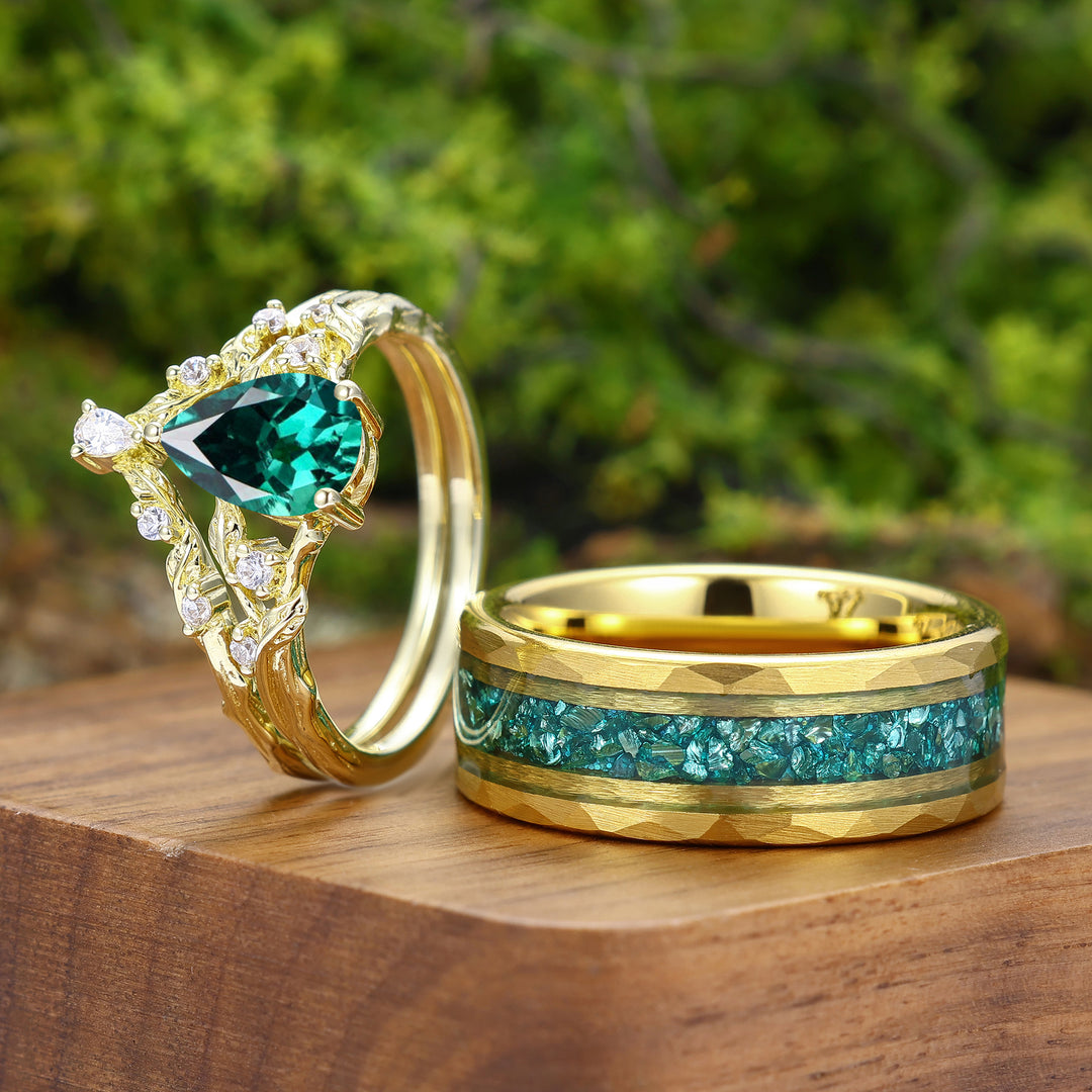 Nature Inspired Pear Cut Emerlad Couple Ring Set Yellow Gold Plated Marriage Ring Set