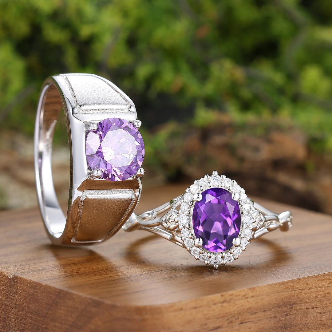 Art-Deco-Cluster Natürlicher Amethyst Sterlingsilber Herren- und Damen-Paarringe