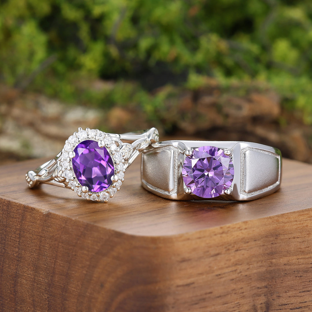 Art-Deco-Cluster Natürlicher Amethyst Sterlingsilber Herren- und Damen-Paarringe