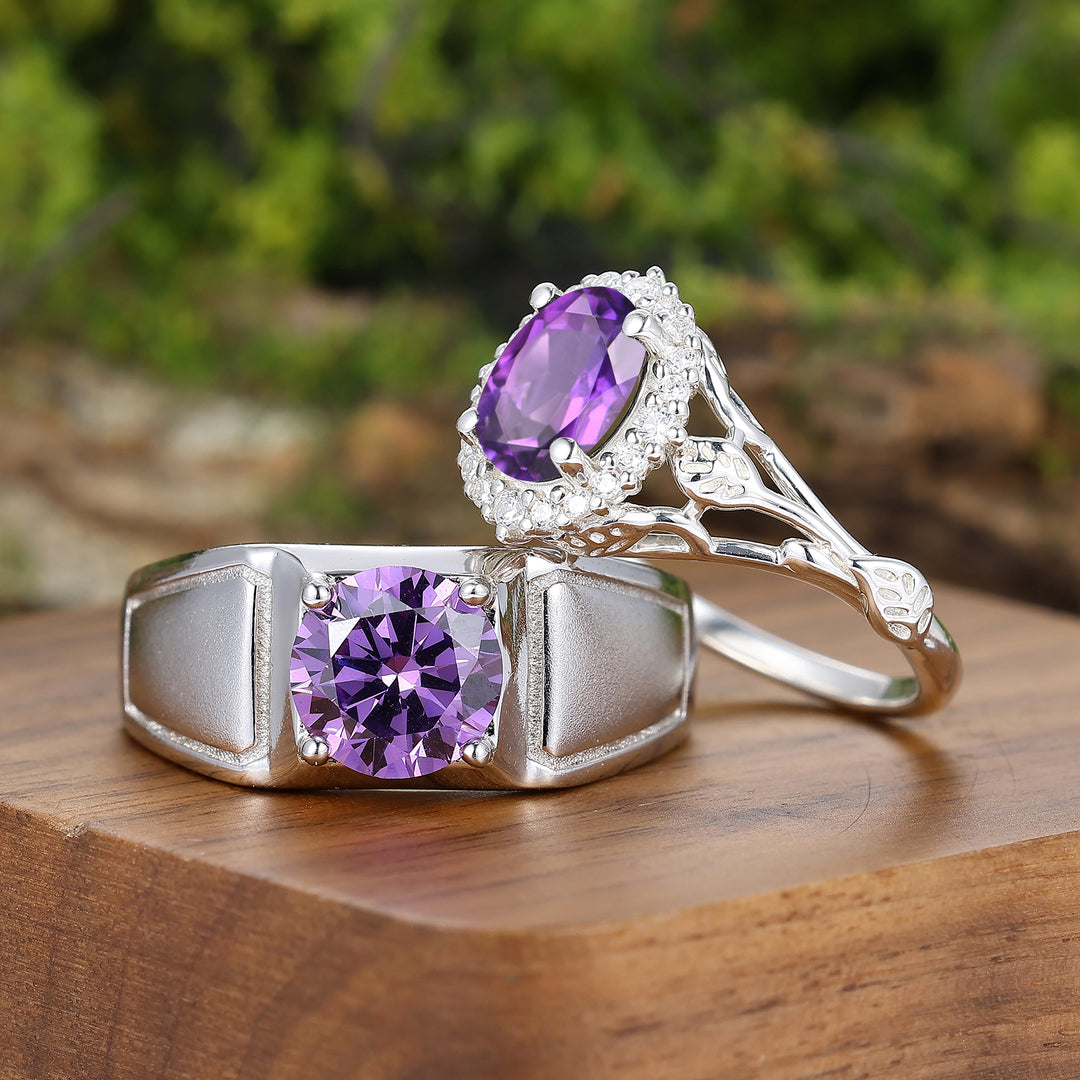 Art-Deco-Cluster Natürlicher Amethyst Sterlingsilber Herren- und Damen-Paarringe