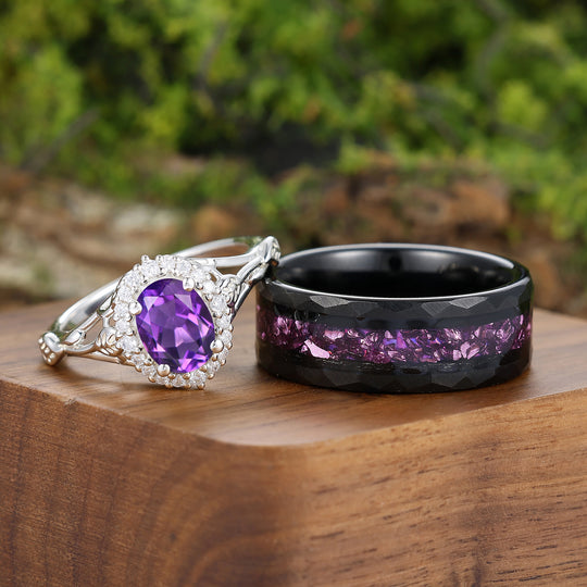 Einzigartiges Halo-Ovalschliff-Pärchenring-Set Mit Natürlichem Amethyst, S925 Und Wolfram